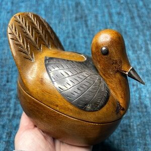 Vintage Hand Carved Wooden Silver Metal Bird Trinket Box with Lid Folk Art